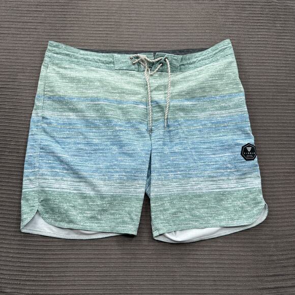 Vissla Board Shorts Mens 38 Green Blue Stripe Swim Trunks Quick Dry Poly Cotton - Picture 1 of 8